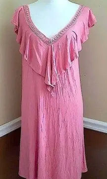 Sweet Claire NEW Dusty Rose Salmon Pink Ruffle Deep V-Neck Lightweight Modcloth Dress Large