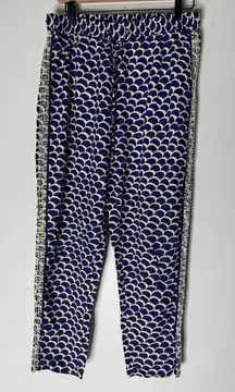 Anthropologie Beaded Scalloped‎ Pants •S Blue White Side Stripe Rayon
