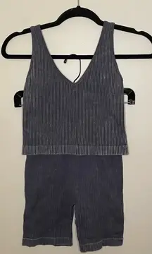 Aura Ribbed V-Neck Crop Top & Biker Shorts Set, Charcoal Gray, Size S/M, EUC