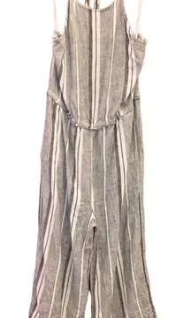 Cloth & Stone Linen Blend Stripe Wide Leg‎ Cropped Jumpsuit Grey White Large