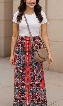 John Paul Richard Red Floral Print Polka Dot Maxi Skirt Womens Large  Brunch