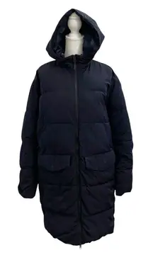 Everlane Long Quilted Puffer Coat Jacket Patch Pocket Hood Navy Blue size Small