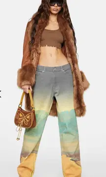 The Kript Landscape Graphic Print Jeans, Route 66, Streetwear Pants SZ S