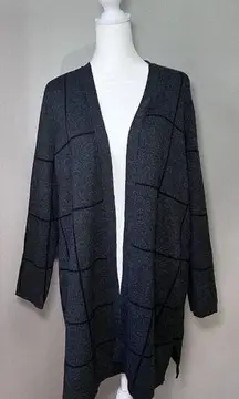 Chico’s Exploded Plaid Long Cardigan Size 2 Medium Gray Black Workwear Casual