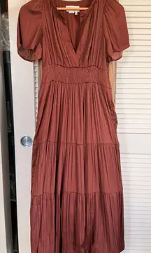 Anthropologie The Somerset Maxi Dress Rust Brown Tiered Short Sleeve  Women's XS