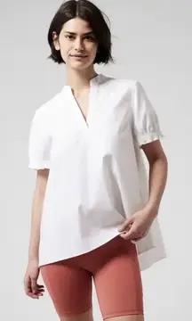 Athleta Levitate Poplin Tee Shirt White V Neck Short Sleeve Pleated Cuff Size L