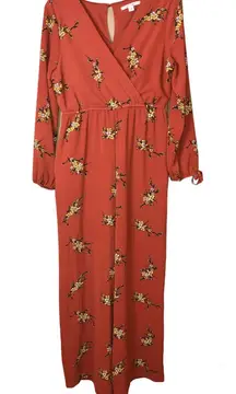 Francesca’s‎ Miami Floral Long Sleeve Faux Wrap Jumpsuit Orange Medium