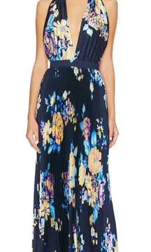 L'IDEE Moderniste Floral Halter Maxi Blue and Yellow gown NWOT
