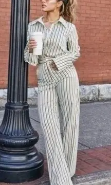 ivory green and brown striped wide leg satin pants size small