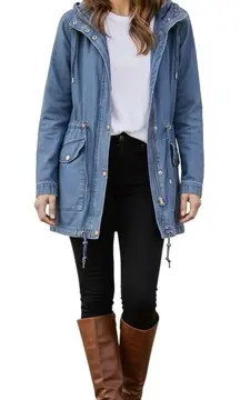 Forever 21 Jacket Light Denim Chambray Drawstring Jean Small Blue Hooded Coat