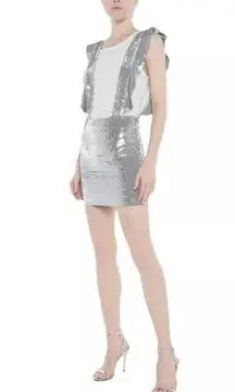 IRO Ruffled Suspenders Silver Sequin Mini Skirt