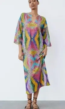 ZARA NWOT  OPEN KNIT JACQUARD TUNIC MULTICOLORED Maxi Dress Beach - REF. 3859/048