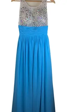 Grace Karin Blue Beaded Illusion Neckline Sleeveless Gown Formal Dress Size 2