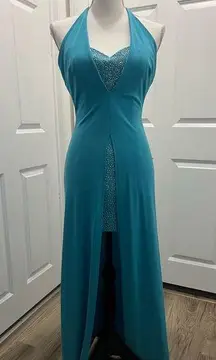 Cache Halter Top Prom Formal Dress Short Front Long Back XS Teal w/ Rhin…