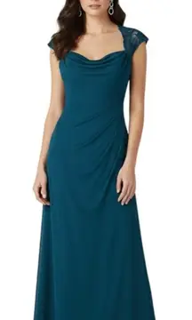 Xscape Joanna Chen Teal Gown Size 8 Evening Cap Sleeve Lace Detail Ruched Draped