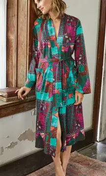 Peruvian Connection Plum Blossom Turquoise Patchwork Artisan Boho Robe Sz S