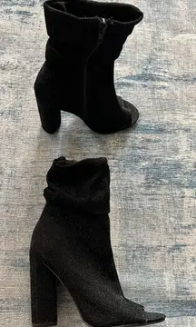 Qupid Black Sparkle Fabric Peep Toe Side Zip Block Heel Boots Size 6