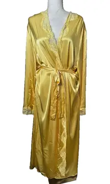 Intimate Attitudes Yellow Satin Maxi Robe Womens Plus 1X/2X Lace Belted Sleep