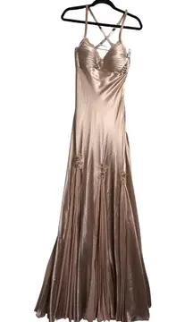 La Femme  Gold Dress Pleated Satin Maxi Crisscross Strappy Formal Prom Gala 4