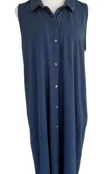 J.Jill Cotton Dark Blue Modal Sleeveless Midi Button Down Shirt Dress L TALL