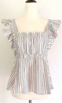 ELLA MOSS Striped Babydoll Top‎ Square Neckline Flutter Sleeve Medium Large New