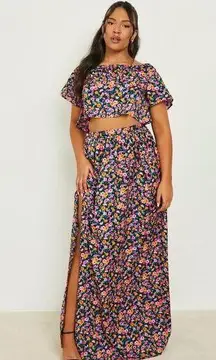 Boohoo  PLUS Floral Bardot Top and Skirt Co-Ord Set SIZE 14