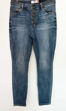 CAbi Button Fly Skinny Distressed Braided Waistband Jeans Style 5694 Size 8