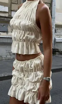 Beige Womens Y2K Boho Two Piece Skirt Set Pleated Ruffled Backless