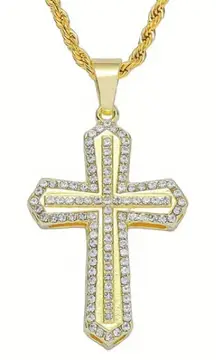 Gold Plated Stainless Steel Cross Pendant 24” Rope Chain – CZ Iced Out Necklace