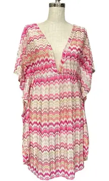 Pink and White Swim Coverup with V-Neck and Flutter Sleeves