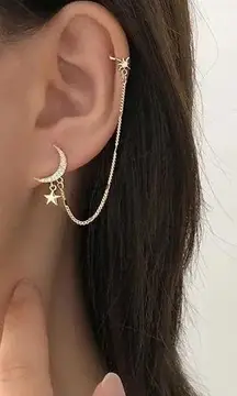 Boutique Boho Golden Crescent Moon and Stars Dreamer Cuff Chain Earrings Gold A0128