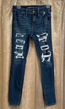 American Eagle Stretch Distressed Patched Dark Wash Hi Rise Jeggings, Size 2