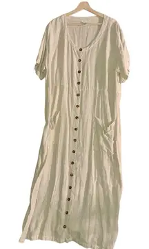 VTG Laissez Faire Creme Womens Cottagecore  100% Linen Button Down Dress‎ Sz L