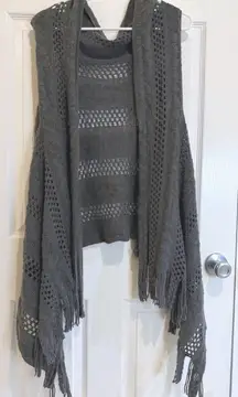 Hooded Fringe Vest Open‎ Knit Sleeveless Cardigan Shawl Cover Up