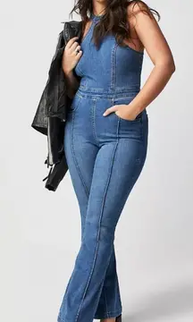Free People Crvy Sydney Denim Flare High Neck Jumpsuit We The Free New Size 16