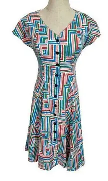 Nooworks Button-Up Dress Retro Fit and Flare In Hey Hey Geometric Pattern