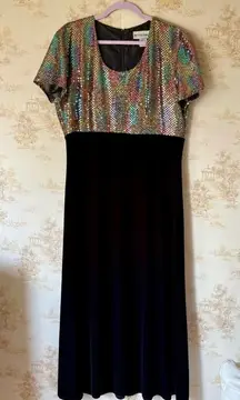 Vintage 80s rainbow sequin black velvet New Year’s Eve holiday whimsigoth dress