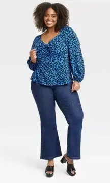 New Ava & Viv Women's Long Sleeve Sweetheart Knit Blouse - Blue Polka Dot XXL