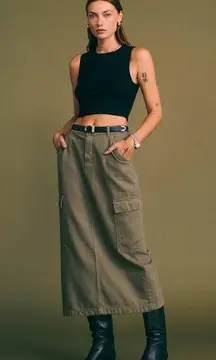 Reformation Army Green 100% Cotton Maggie Cargo Denim Midi Skirt Size 26