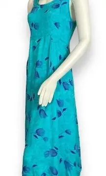 Vintage 90s Dress Midi Floral‎ Turquoise Retro Summer Casual Rayon Sleeveless