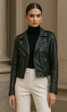 ZARA Genuine 100% Sheep Leather Moto Biker Jacket Black Zip Hardware Size