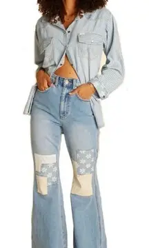 Wrangler X Billabong Light Wash True Bell Bottom Jeans Patchwork Hippie Boho 28