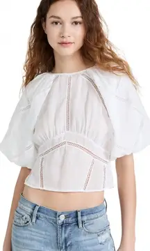 Frame‎ Small Inset Lace Gathered Seam Top White Puff Sleeve Semi-Sheer Cropped