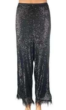 Nanette Lepore Black Sequin Mesh Fringe High Waist Wide Leg Trousers Pants Sz L