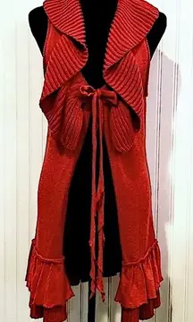HANDKNIT Women’s Red Boho Chic Ruffle Knit Longline Vest Tie Front Sz SM