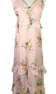 Lush Floral‎ Maxi Dress Women's Medium Pink Yellow Sleeveless Ruffle Tie Back
