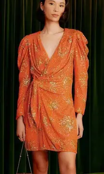 Farm Rio Sunny Mood Orange Sequin Long Sleeve Mini Dress NEW