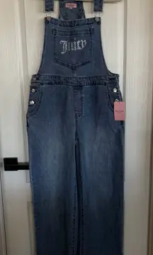 Juicy Couture Size Med Wash Denim Overall Rhinestone Logo Wide leg Size Med New