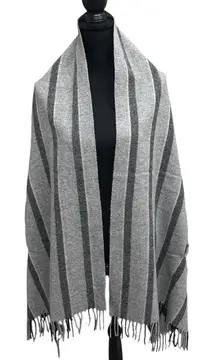 Madewell Cape Scarf In Vertical Stripe 100% Wool Fringe Armholes Gray SOFT