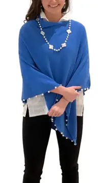 The Peyton Blue Knitted Poncho Sweater w/ Faux Fur Trim